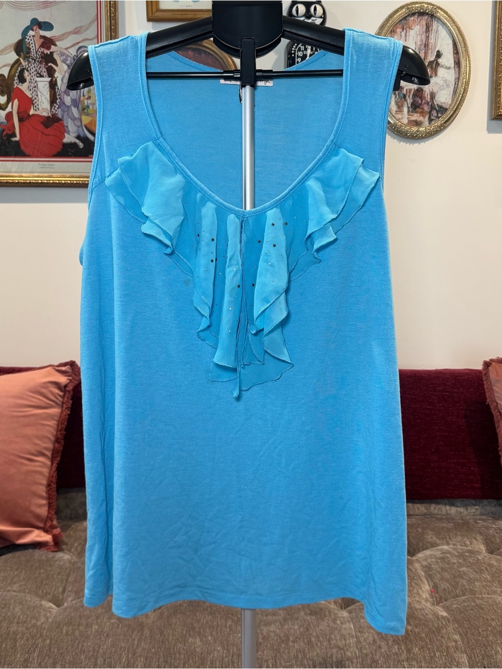 French Laundry Aqua Ruffle V-Neck Tank